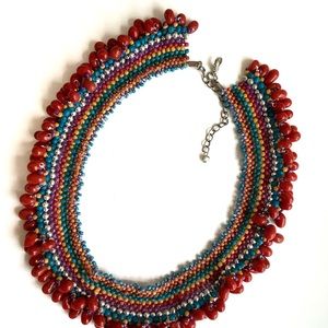 Beaded collar necklace in red and blue